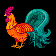 Cock vector on black background. Vector illustration of rooster, symbol of New Year on the Chinese calendar. Vector element for New Year's design.