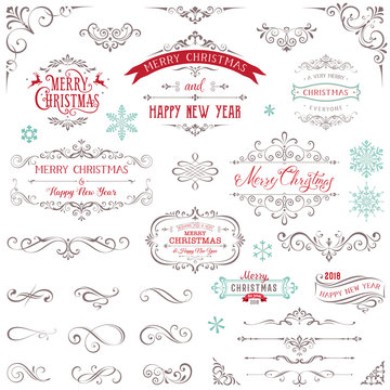 Ornate Christmas frames and swirl elements with Merry Christmas quotes and snowflakes.