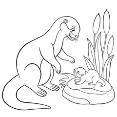 Coloring pages. Mother otter looks at her cute baby.