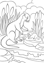 Coloring pages. Mother otter looks at her cute baby.