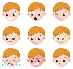 Boy Emotion Faces Cartoon. Isolated set of male avatar expressions. Vector Illustration