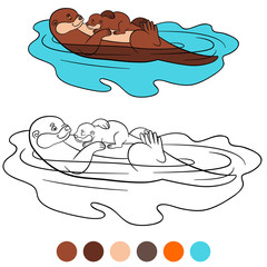 Coloring page. Mother otter swims with her little cute baby.