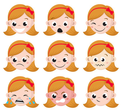 Girl Emotion Faces Cartoon. Isolated set of female avatar expressions. Vector Illustration