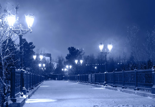 Fototapeta Winter park w nocy, most pokryty śniegiem z lampami. Stonowanych
