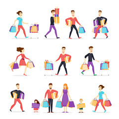 Fototapeta na wymiar Sale. Collection going shopping people with shopping. Characters. Shopping people woman and man with bags. Family shopping. Flat design vector illustration.