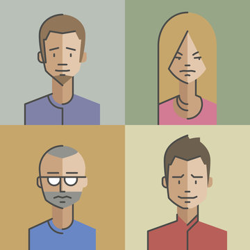 Male and female character faces avatars. Flat style with thin line icons. Vector