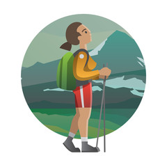 Vector illustration on the theme of hiking, backpacking, climbing, traveling, trekking, walking. Girl looking up. Summer adventure in nature, outdoor recreation, vacation. For postcard, banner, web