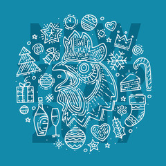 Vector illustration on the theme of new year. Postcard with text new year 2017. Hand drawn cock and different elements and icons include fir tree, present, toy, champagne, heart, candle, star, candy