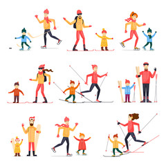Fototapeta na wymiar Winter sports with adult children. Skiing, skating, snowboarding, hockey. Characters. Flat design vector illustration.