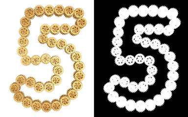 Number five from gold gear mechanism. Alpha channel. 3D illustration