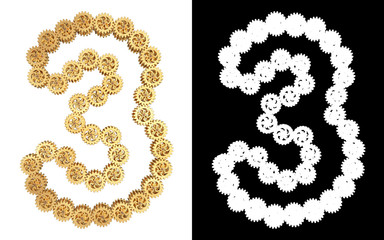 Number three from gold gear mechanism. Alpha channel. 3D illustration