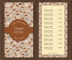 Vector dessert menu template. Restaurant or cafe retro background. Chocolate, cake, brochure. Home made sweets. Bakery business illustration.