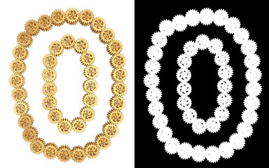 Number zero from gold gear mechanism. Alpha channel. 3D illustration