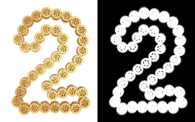Number two from gold gear mechanism. Alpha channel. 3D illustration