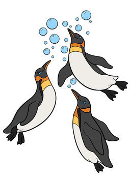 Cartoon birds. Three little cute penguins swim.