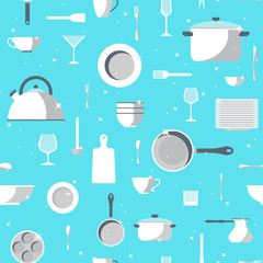 Vector crockery seamless pattern. Kitchen dish flat design icons. Graphic tableware elements. Cooking equipment set illustration. Chef collection isolated. Cutlery sign background. 