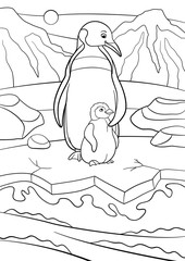 Coloring pages. Mother penguin with her cute baby.