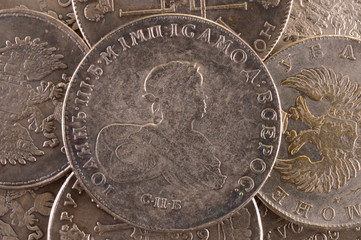 Vintage background silver ruble coin 1741 Russian emperor John Third Autocrat of all Russia - obrazy, fototapety, plakaty