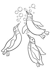Obraz premium Coloring pages. Three little cute penguins swim.