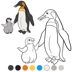 Coloring pages. Mother penguin stands with her cute baby.