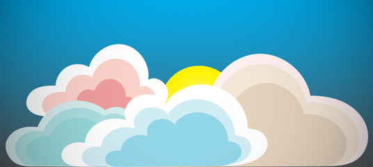 Colorful clouds in the blue sky with the yellow sun. Vector illustration for invitation cards. It can be used as Wedding Invitations Cards