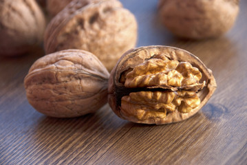 walnuts on the wooden-table.
