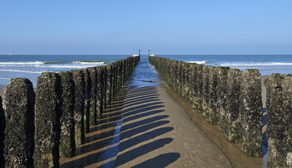 Between the two rows of poles of the breakwater
