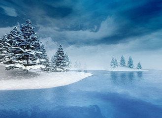 frozen river with trees and cloudy sky