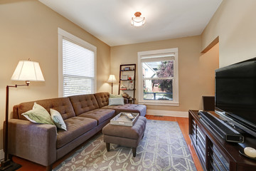 American living room interior with brown corner sofa
