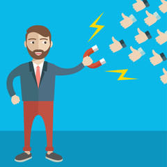 Concept of marketing and social networks. Magnet attracting likes. Flat design, vector illustration