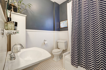 Fototapeta na wymiar Vintage style bathroom with gray walls and white appliances