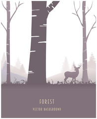 Autumn forest vector background with silhouette trees, fir and dear. Monochrome forest background with text place in vertical poster format.