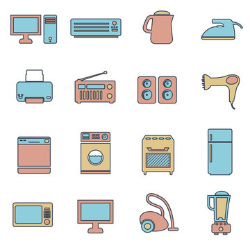 Set of household appliances flat thin line icons