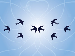 Seamless background with swallows in blue sky with stripes