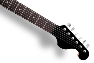 Fototapeta na wymiar Neck of black color wooden guitar shows all six strings and adjustment knobs