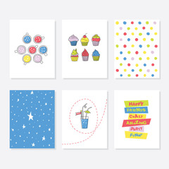 Fototapeta na wymiar Set of 6 Cute Creative Cards Templates With Party Theme Design.