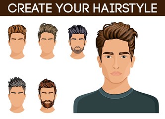 Create, change hairstyles. Men hair style symbol hipster beard, mustache men stylish, modern. Vector illustration