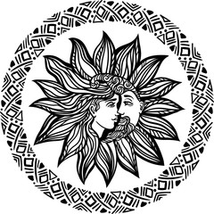 Bohemian hand drawn sun and moon.