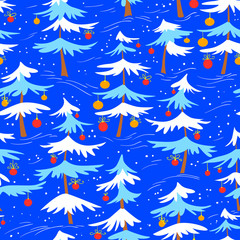 Cute winter seamless pattern  with Christmas tree in cartoon style