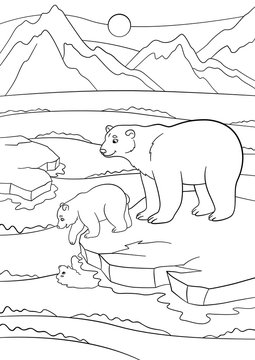 Coloring pages. Mother polar bear with her baby.