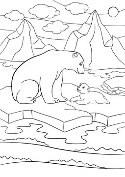Coloring pages. Mother polar bear with her cute baby.
