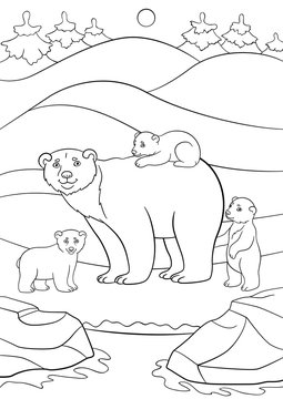 Coloring pages. Mother polar bear with her cute babies.