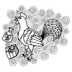 Fototapeta na wymiar Cute cheerful cartoon rooster, symbol 2017 year on an abstract b