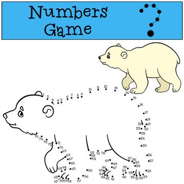 Educational game: Numbers game. Little cute baby polar bear.