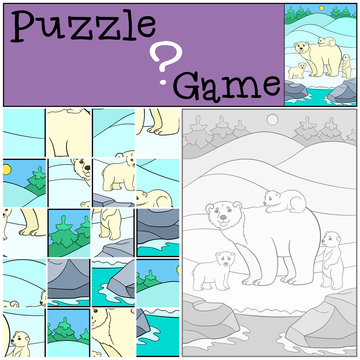 Education game: Puzzle. Mother polar bear with her babies.