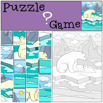 Education game: Puzzle. Mother polar bear with her baby.