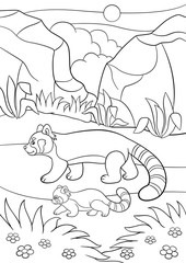 Coloring pages. Mother red panda walks with her baby.