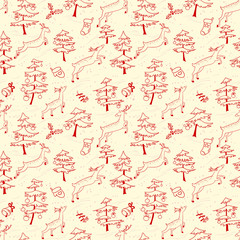 Fototapeta na wymiar Christmas seamless pattern with cute deers in doodle style.