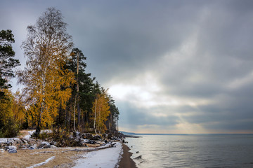 A cloudy autumn morning. Siberia, the coast of the Ob river