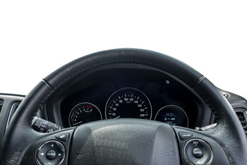 Inside car control wheel steering isolated with white background, Odometer, soft focus